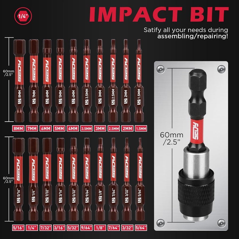 SEDY 21-Piece 2.5" Hex Head Allen Wrench Drill Bit Set, 1/4" Hex Screwdriver Bits Set with Durable Magnetic Impact Bit Holder, SAE & Metric Allen Key, S2 Steel, Mechanic Home Repair - Image 2
